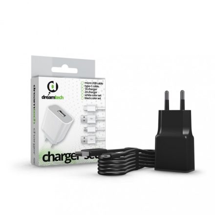 Dreamtech Charger Set 2A USB-A + USB-C kábel Fekete