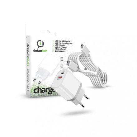 Dreamtech PD Charger Set USB-C+A 20W+QC3.0-s adapterrel és USB-C USB-C kábellel FEHÉR