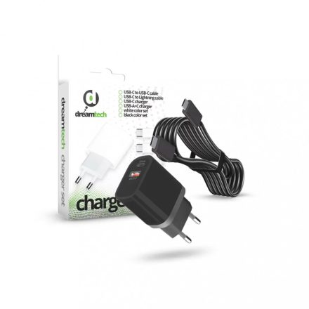 Dreamtech PD Charger Set USB-C+A 20W+QC3.0-s adapterrel és USB-C USB-C kábellel FEKETE