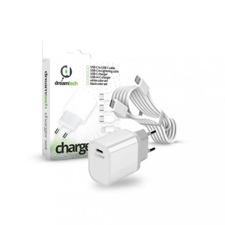 Dreamtech PD Charger Set USB-C 20W-os adapterrel és USB-C Lightning kábellel FEHÉR