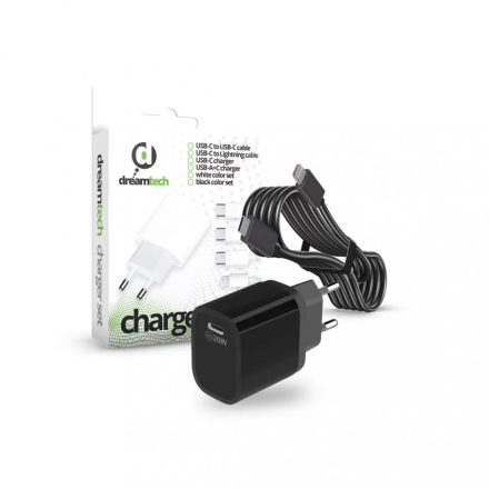 Dreamtech PD Charger Set USB-C 20W-os adapterrel és USB-C Lightning kábellel FEKETE