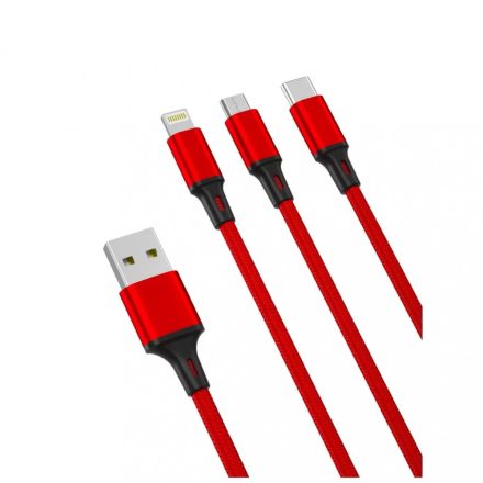 XO NB173 3in1 töltőkábel USB to Micro USB Type-c Lightning 1,2M 2,4A Piros