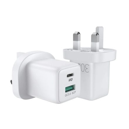 Joyroom hálózati töltő USB Type-C +
USB, QC 3.0, PD 3.0, AFC, FCP, 30W, EU,
fehér (L-QP303)